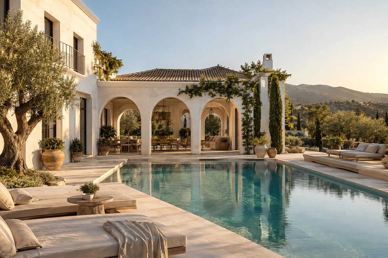 Villa de inspiración andaluza con piscina, arcos y jardín